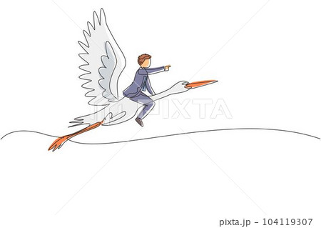 Single continuous line drawing businessman riding stork symbol of success. Business metaphor concept, looking at the goal, achievement, leadership. One line draw graphic design vector illustration Single continuous line drawing businessman riding stork symbol of success. Business metaphor concept, looking at the goal, achievement, leadership. One line draw graphic design vector illustration 104119307