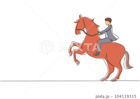 Single continuous line drawing businessman riding horse symbol of success. Business metaphor concept, looking at the goal, achievement, leadership. One line draw graphic design vector illustration Single continuous line drawing businessman riding horse symbol of success. Business metaphor concept, looking at the goal, achievement, leadership. One line draw graphic design vector illustration 104119315
