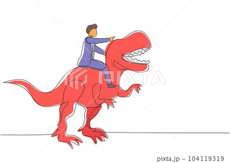 Single continuous line drawing brave businessman riding huge dangerous tyrannosaurus. Professional entrepreneur male character fight with predator. One line draw graphic design vector illustration Single continuous line drawing brave businessman riding huge dangerous tyrannosaurus. Professional entrepreneur male character fight with predator. One line draw graphic design vector illustration 104119319
