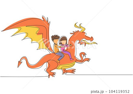 Single one line drawing happy little boy and girl flying with fantasy dragon together. Children fly and sitting on back dragon at the sky. Kids imaginary fairytale. Continuous line draw design vector 104119352