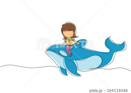 Single continuous line drawing little girl riding orca. Young kid sitting on back whale killer in swimming pool. Whale killer or orca in water. Dynamic one line draw graphic design vector illustration 104119386