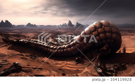 giant worm creature on martian desert surface, neural network generated image 104119928