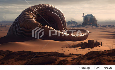 giant worm creature on martian desert surface, neural network generated image 104119930