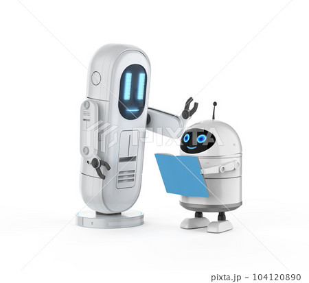 Machine learning concept with friendly robot reading a book 104120890