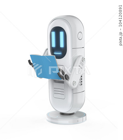 Machine learning concept with friendly robot reading a book Machine learning concept with friendly robot reading a book 104120891
