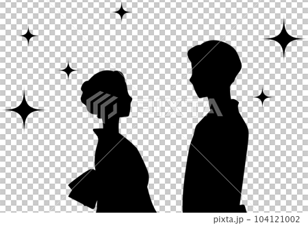 向かい合わせの浴衣姿のカップルのシルエットのイラスト 向かい合わせの浴衣姿のカップルのシルエットのイラスト 104121002