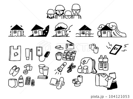 災害に備えて準備する避難用品の手書きのイラストセット 災害に備えて準備する避難用品の手書きのイラストセット 104121053