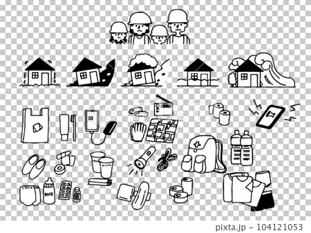 災害に備えて準備する避難用品の手書きのイラストセット 災害に備えて準備する避難用品の手書きのイラストセット 104121053