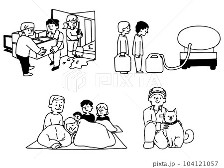 自然災害が起きた時の避難の様子や復旧に関してのイラストセット 104121057