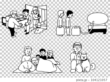 自然災害が起きた時の避難の様子や復旧に関してのイラストセット 104121057