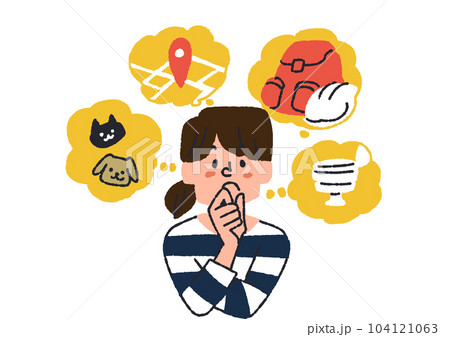 災害の際の備えやどこに逃げるか、またペットをどうするかについて考えている女性 104121063