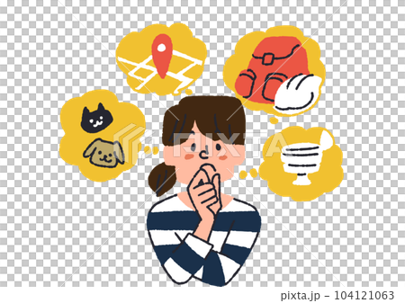 災害の際の備えやどこに逃げるか、またペットをどうするかについて考えている女性 104121063