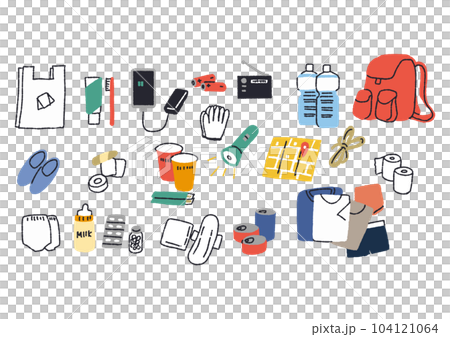 Handwritten illustration set of evacuation supplies to prepare for disaster 104121064