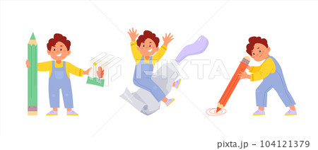 Children art and design school concept. Artist boy is drawing doodles 104121379