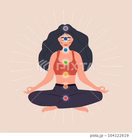 Seven chakras system of human body. Ayurveda, Buddhism and Hinduism. Alternative medicine. Meditating woman with basic energy centers. Health care concept. Indian culture. Flat vector illustration Seven chakras system of human body. Ayurveda, Buddhism and Hinduism. Alternative medicine. Meditating woman with basic energy centers. Health care concept. Indian culture. Flat vector illustration 104122619