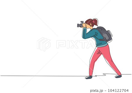 Single continuous line drawing woman journalist or reporter with backpack making pictures. Photographers of paparazzi taking photo with digital cameras dslr. One line draw design vector illustration Single continuous line drawing woman journalist or reporter with backpack making pictures. Photographers of paparazzi taking photo with digital cameras dslr. One line draw design vector illustration 104122704