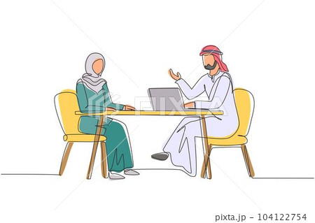 Continuous one line drawing Arabian man journalist interviewing girl at desk. Live stream, tv show. Journalist talking to guest. Broadcaster news at studio. Single line draw design vector illustration Continuous one line drawing Arabian man journalist interviewing girl at desk. Live stream, tv show. Journalist talking to guest. Broadcaster news at studio. Single line draw design vector illustration 104122754