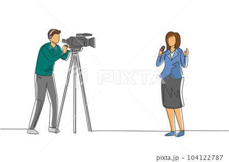 ~ai-8cSingle continuous line drawing journalist. Woman reporter. Journalists to report. Two journalists. Team of woman reporter journalist man operator broadcasting. One line draw design vector 104122787