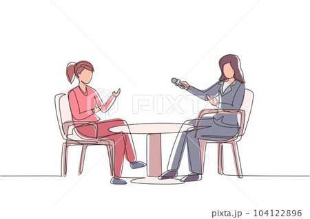 Continuous one line drawing talk show studio with interviewing, discussing hosts. People recording tv program, woman journalist questioning guest star. On air news. Single line draw design vector 104122896