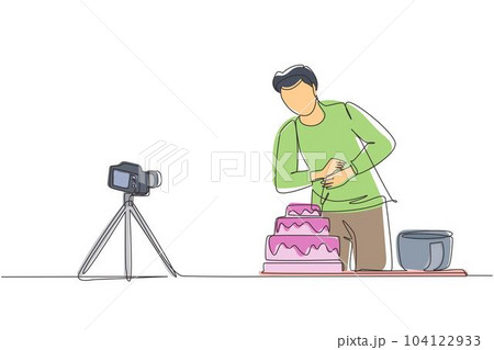 Single continuous line drawing influencer or food blogger creating content. Man shooting cooking video using camera on tripod. Chef baking and decorating cake at kitchen. One line draw design vector Single continuous line drawing influencer or food blogger creating content. Man shooting cooking video using camera on tripod. Chef baking and decorating cake at kitchen. One line draw design vector 104122933