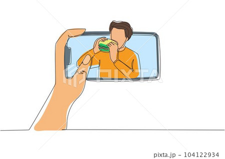 Continuous one line drawing male food blogger eating burger while creating new video for his live stream channel with smartphone. Food concept. Gastronomy. Single line draw design vector illustration 104122934