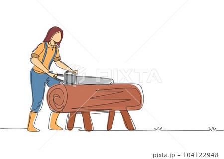 Single continuous line drawing sawmill concept. Professional woman lumberjack cutting tree by chainsaw for further processing. Global deforestation. One line draw design graphic vector illustration Single continuous line drawing sawmill concept. Professional woman lumberjack cutting tree by chainsaw for further processing. Global deforestation. One line draw design graphic vector illustration 104122948