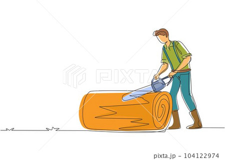 Single one line drawing wood industry worker with chainsaw working. Man logger sawing log in forest. Lumberjack cut timberwood, woodcutter occupation. Continuous line draw design vector illustration 104122974