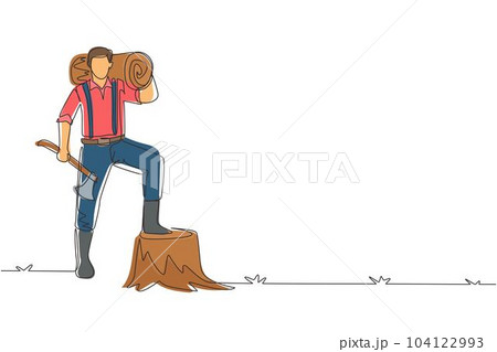 Single one line drawing lumberjack or woodcutter holding timber and axe. Wooden materials manufacturing, standing with axe, posing with one foot on tree stump. Continuous line draw design illustration 104122993