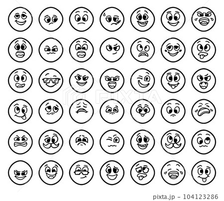 Set of emoticons showing different emotions in doodle style isolated on white background. Funny faces hand drawn clip art. Set of emoticons showing different emotions in doodle style isolated on white background. Funny faces hand drawn clip art. 104123286