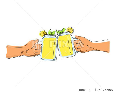 Single continuous line drawing close-up of two hands holding a lemonade cocktails in glass jars and toasting. Friendly hang out in city park. Summer vacation and picnic. One line draw design vector Single continuous line drawing close-up of two hands holding a lemonade cocktails in glass jars and toasting. Friendly hang out in city park. Summer vacation and picnic. One line draw design vector 104123405