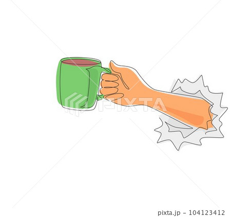 Single continuous line drawing hand holding mug of coffee through torn white paper. Have break and refreshing drink. Energizing drink to wake up at morning. One line draw design vector illustration Single continuous line drawing hand holding mug of coffee through torn white paper. Have break and refreshing drink. Energizing drink to wake up at morning. One line draw design vector illustration 104123412