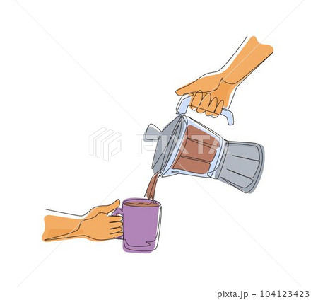 Continuous one line drawing barista pour espresso from moka pot. Moka coffee pot to make espresso on hand. Coffee in vintage. Barista coffee moka concept. Single line draw design vector illustration 104123423