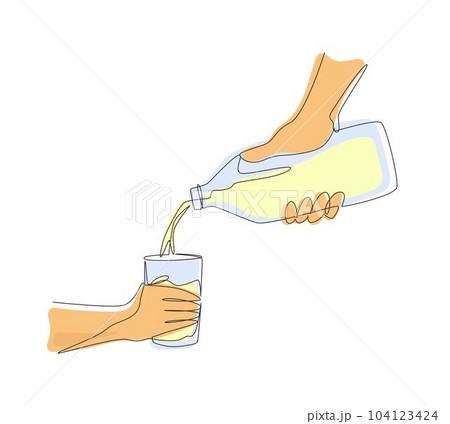 Continuous one line drawing woman's hand pours fresh milk from glass bottle into glass. The concept of healthy dairy products with calcium. Morning routine. Single line draw design vector illustration 104123424