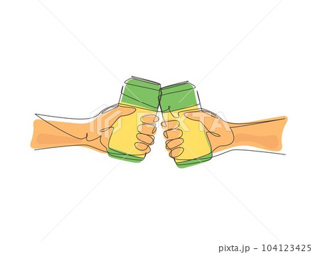 Single continuous line drawing couple is toasting with aluminum can and drink soda. Close-up cropped view of two human hands holding can and toast. One line draw graphic design vector illustration 104123425
