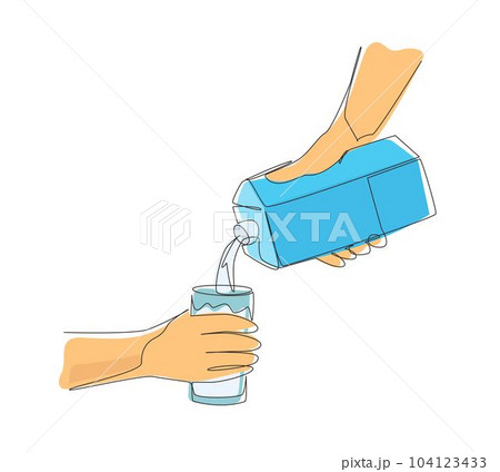 Continuous one line drawing hand holding carton of milk poured into glass. Hand hold milk box and pour milk into glass. Splash of milk drop from carton box. Single line draw design vector illustration Continuous one line drawing hand holding carton of milk poured into glass. Hand hold milk box and pour milk into glass. Splash of milk drop from carton box. Single line draw design vector illustration 104123433