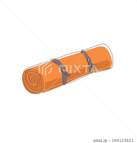 Single one line drawing rolled folded tourist sleeping mat, scroll mattress rug. Equipment for tourism and sport activity, hiking on nature. Continuous line draw design graphic vector illustration 104123621