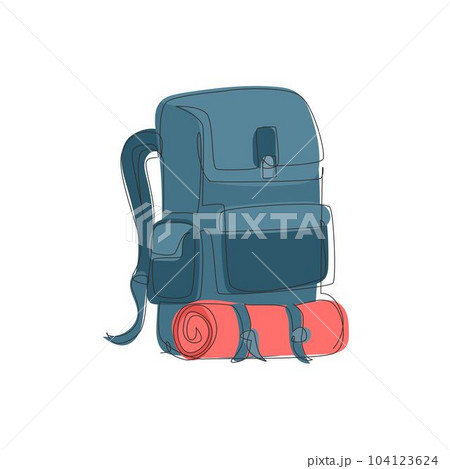 Single continuous line drawing camping backpack for hiking, travel and tourism isolated on white background. Backpack for camp gears, mats, sleeping bags. One line draw design vector illustration Single continuous line drawing camping backpack for hiking, travel and tourism isolated on white background. Backpack for camp gears, mats, sleeping bags. One line draw design vector illustration 104123624