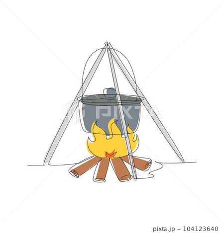 Continuous one line drawing black camping pot over a bonfire. Hot food cooking on campfire, brown cauldron kettle over fire with wood. Delicious fish soup. Single line draw design vector illustration 104123640