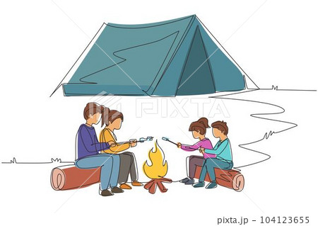Single one line drawing happy family sit by campfire. Cheerful tourists, campers. Mom dad and kids roast marshmallows. Night camping adventure trip. Continuous line draw design vector illustration 104123655