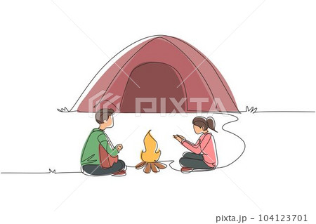 Single one line drawing couple camping around campfire tents. Man woman warm their hands near bonfire, man playing guitar. Nature exploration trip. Continuous line draw design vector illustration Single one line drawing couple camping around campfire tents. Man woman warm their hands near bonfire, man playing guitar. Nature exploration trip. Continuous line draw design vector illustration 104123701