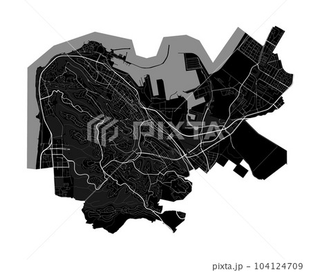 Haifa map. Detailed black map of Haifa city poster with roads. Cityscape urban vector. Cityscape poster metropolitan aria view. Haifa map. Detailed black map of Haifa city poster with roads. Cityscape urban vector. Cityscape poster metropolitan aria view. 104124709