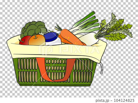Illustration of a shopping basket covered with an eco bag filled with fruits and vegetables 104124825