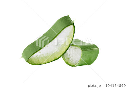 Fresh Aloe vera slice isolated on white background. Aloe vera leaf slice for design of herbal medicine or skin care treatment. Fresh Aloe vera slice isolated on white background. Aloe vera leaf slice for design of herbal medicine or skin care treatment. 104124849