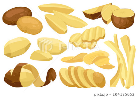Realistic potato mega set graphic elements in flat design. Bundle of raw whole root crops and sliced pieces in different shapes for cooking, chips and fries. Illustration isolated objects 104125652