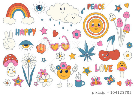 Groovy hippie 70s mega set graphic elements in flat design. Bundle of peace, love, happy, rainbow, psychedelic mushrooms, flowers, leaves, butterflies and other. Illustration isolated objects 104125703