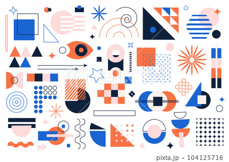 Geometric shapes mega set graphic elements in flat design. Bundle of squares, curl lines, circles, stars, triangles, arrows and other simple forms and composition. Illustration isolated objects Geometric shapes mega set graphic elements in flat design. Bundle of squares, curl lines, circles, stars, triangles, arrows and other simple forms and composition. Illustration isolated objects 104125716
