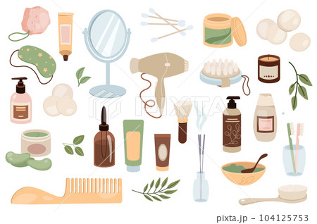 Bathroom items mega set graphic elements in flat design. Bundle of creams, mirror, cotton buds, cosmetics, sleep mask, lotion, hair dryer, massage brush, other. Illustration isolated objects 104125753