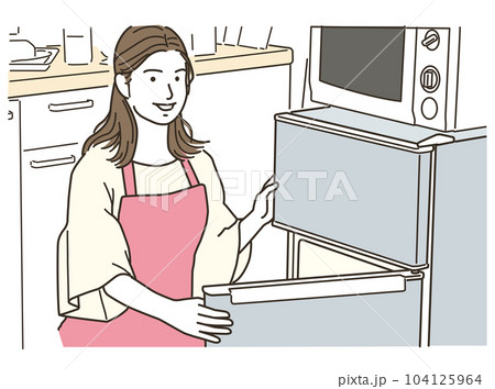 冷蔵庫を開けるエプロン姿の若い女性 104125964