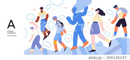 Artificial intelligence, AI and humanity -modern flat vector concept illustration of AI character walking among people in everyday life. Metaphor of AI advantage, benefit, friendliness concept 104126247