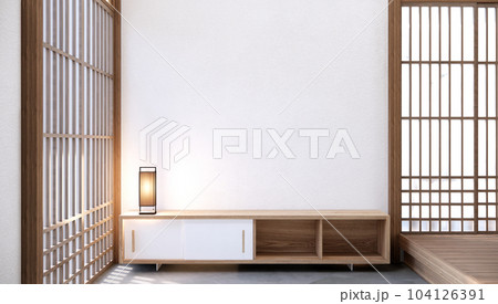 Japandi style living empty room with decorated minimalist and tv cabinet. Japandi style living empty room with decorated minimalist and tv cabinet. 104126391